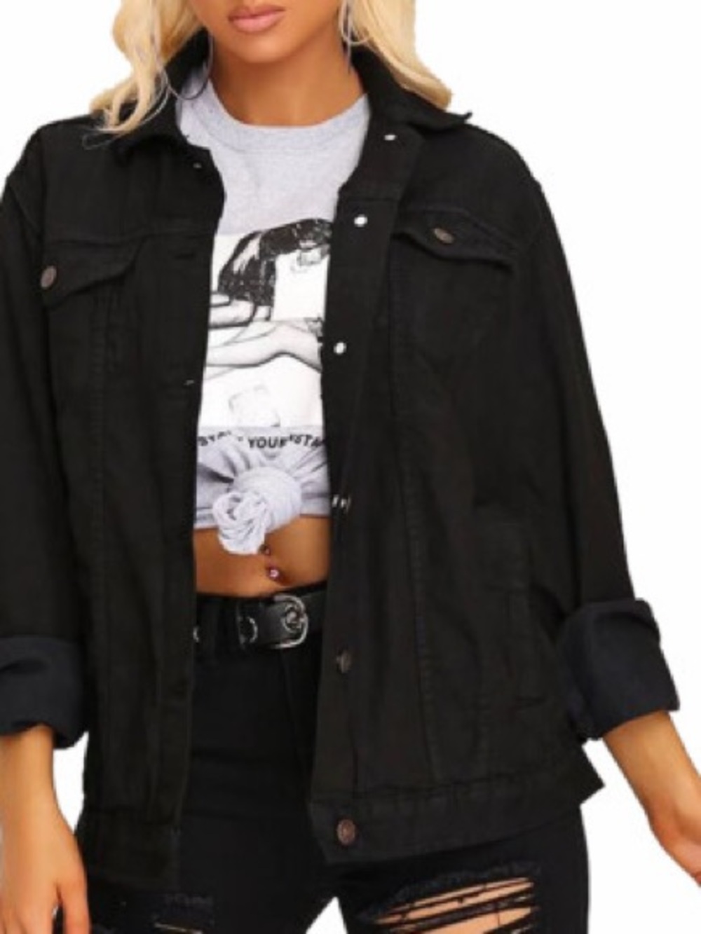 Black Women's Oversized Denim Jacket - Classic Casual Coat